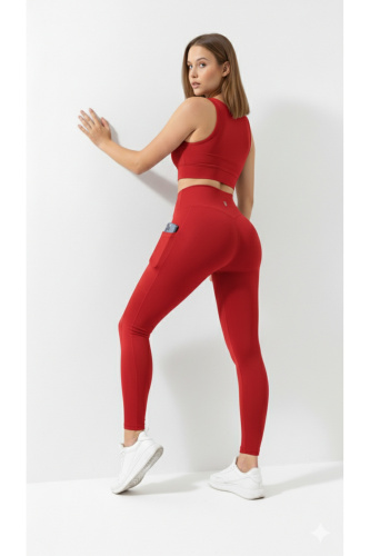 Kırmızı Kadın Set Spor Tayt Ve Büstiyer Takım - Yoga Fitnes - Plates - Toparlayıcı Leggings