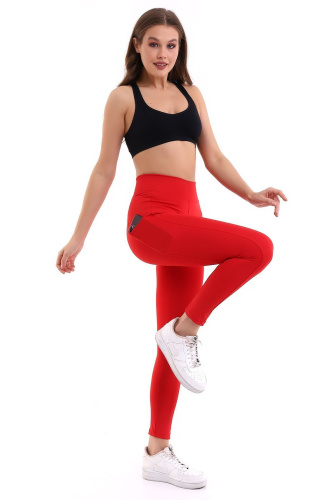 Kırmızı Kadın Spor Tayt Çift Cepli Sıkılaştırıcı Toparlayıcı Sporcu Taytı Leggings