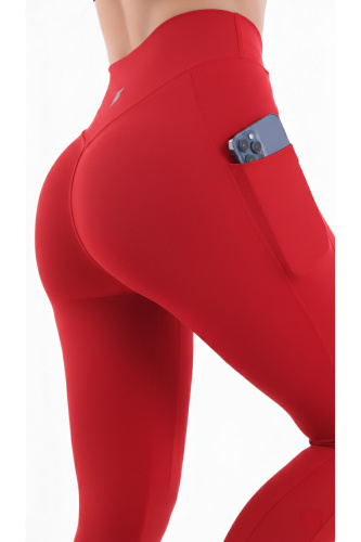 Kırmızı Kadın Spor Tayt Çift Cepli Sıkılaştırıcı Toparlayıcı Sporcu Taytı Leggings