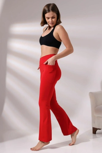 Kırmızı Kadın Yüksek Bel Toparlayıcı Çift Cepli Ispanyol Paça Spor Tayt Bootcut Leggings