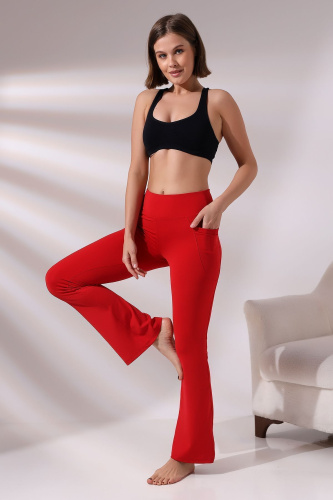 Kırmızı Kadın Yüksek Bel Toparlayıcı Çift Cepli Ispanyol Paça Spor Tayt Bootcut Leggings