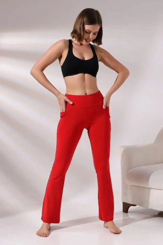Kırmızı Kadın Yüksek Bel Toparlayıcı Çift Cepli Ispanyol Paça Spor Tayt Bootcut Leggings