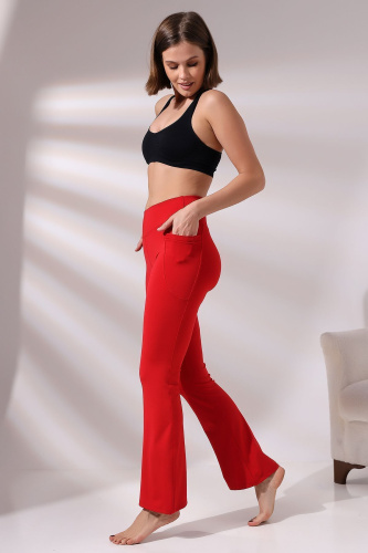 Kırmızı Kadın Yüksek Bel Toparlayıcı Çift Cepli Ispanyol Paça Spor Tayt Bootcut Leggings