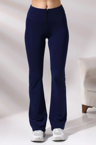 Lacivert Kadın Fermuarlı İspanyol Paça Spor Tayt Sıkılaştırıcı Toparlayıcı Sporcu Bootcut Leggings