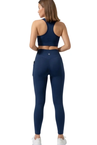 Lacivert Kadın Set Cepli Spor Tayt ve Fermuarlı Büstiyer Takım - Yoga Fitnes - Plates Seti