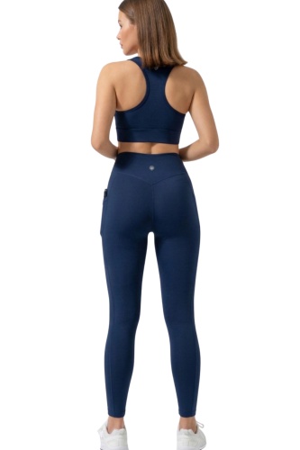 Lacivert Kadın Set Cepli Spor Tayt ve Fermuarlı Büstiyer Takım - Yoga Fitnes - Plates Seti