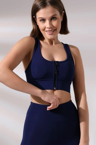 Lacivert Pedli Fermuarlı Spor Büstiyer - Sports Bra / Crop Destekli Spor Sütyeni