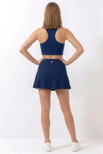Lacivert Yüksek Bel Çift Katmanlı Mini Etek Tenis Eteği ve Fermuarlı Büstiyer Crop Takım