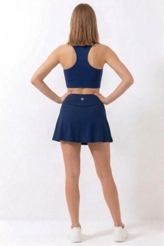 Lacivert Yüksek Bel Çift Katmanlı Mini Etek Tenis Eteği ve Fermuarlı Büstiyer Crop Takım