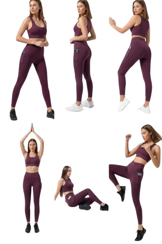 Mürdüm Kadın Set Cepli Spor Tayt ve Fermuarlı Büstiyer Takım - Yoga Fitnes - Plates Seti