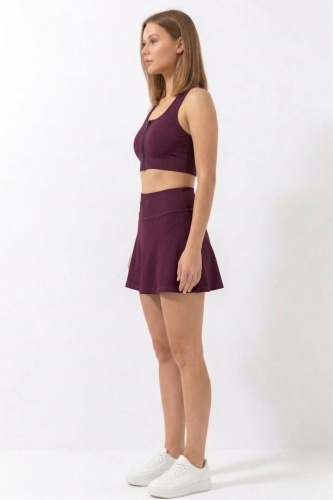 Mürdüm Yüksek Bel Çift Katmanlı Mini Etek Tenis Eteği ve Fermuarlı Büstiyer Crop Takım