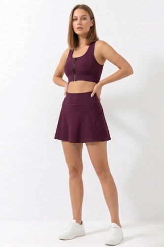 Mürdüm Yüksek Bel Çift Katmanlı Mini Etek Tenis Eteği ve Fermuarlı Büstiyer Crop Takım