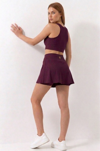 Mürdüm Yüksek Bel Çift Katmanlı Mini Etek Tenis Eteği ve Fermuarlı Büstiyer Crop Takım