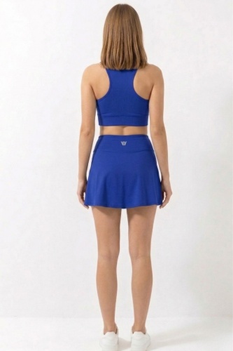 Saks Yüksek Bel Çift Katmanlı Mini Etek Tenis Eteği ve Fermuarlı Büstiyer Crop Takım