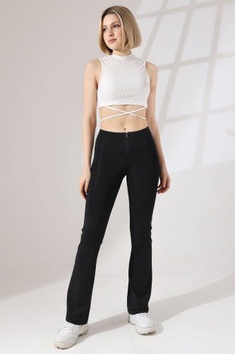 Siyah Kadın Fermuarlı İspanyol Paça Spor Tayt Sıkılaştırıcı Toparlayıcı Sporcu Bootcut Leggings