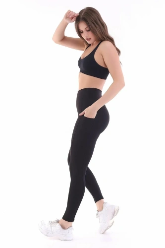 Siyah Kadın Spor Tayt Çift Cepli Sıkılaştırıcı Toparlayıcı Yüksek Bel Sporcu Taytı Leggings Fitness
