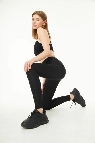 Siyah Kadın Spor Tayt Sıkılaştırıcı Toparlayıcı Yüksek Bel Tam Boy Spor Tayt Leggings Fitness