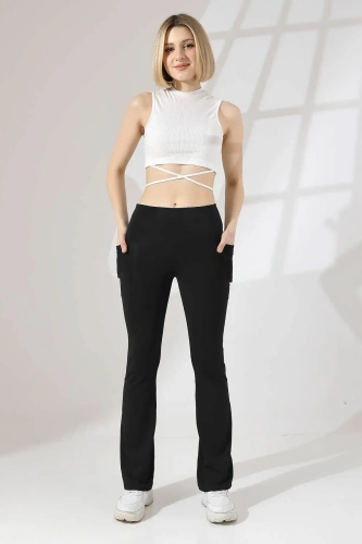 Siyah Kadın Yüksek Bel Toparlayıcı Çift Cepli Ispanyol Paça Spor Tayt Bootcut Leggings