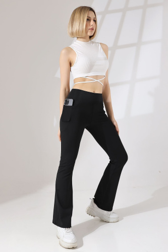Siyah Kadın Yüksek Bel Toparlayıcı Çift Cepli Ispanyol Paça Spor Tayt Bootcut Leggings