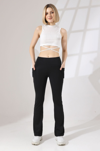 Siyah Kadın Yüksek Bel Toparlayıcı Çift Cepli Ispanyol Paça Spor Tayt Bootcut Leggings