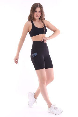 Siyah Kısa Tayt Cepli - Sporcu Tayt - Biker Yüksek Bel Toparlayıcı Tayt