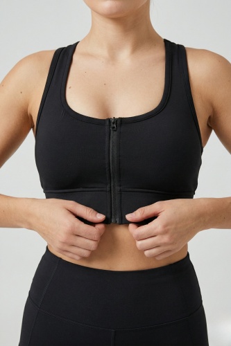 Siyah Pedli Fermuarlı Spor Büstiyer - Sports Bra / Crop Destekli Spor Sütyeni