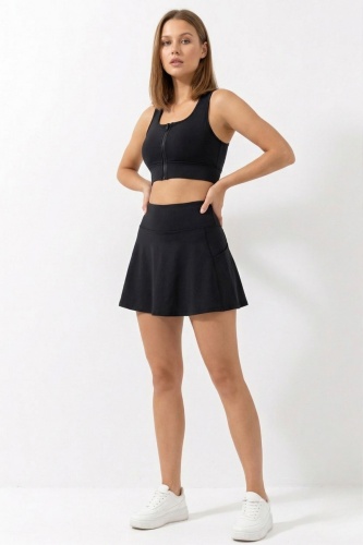 Siyah Yüksek Bel Çift Katmanlı Mini Etek Tenis Eteği ve Fermuarlı Büstiyer Crop Takım