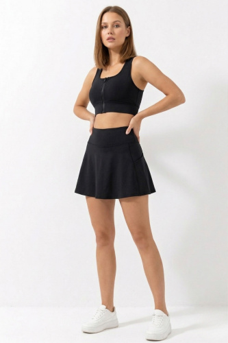 Siyah Yüksek Bel Çift Katmanlı Mini Etek Tenis Eteği ve Fermuarlı Büstiyer Crop Takım