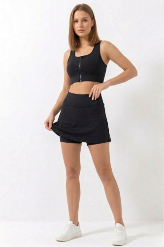 Siyah Yüksek Bel Çift Katmanlı Mini Etek Tenis Eteği ve Fermuarlı Büstiyer Crop Takım