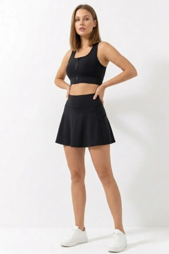 Siyah Yüksek Bel Çift Katmanlı Mini Etek Tenis Eteği ve Fermuarlı Büstiyer Crop Takım